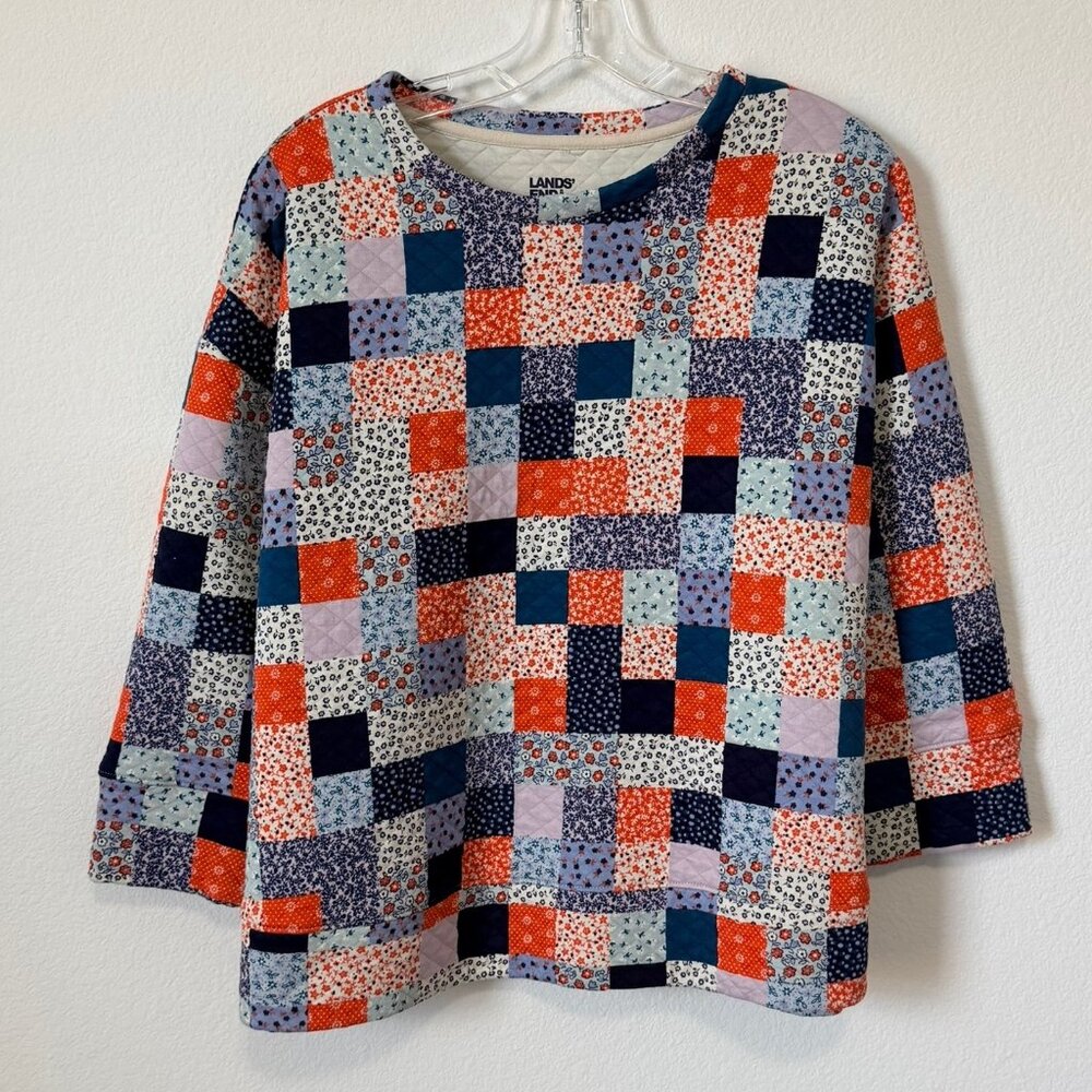 Lands' End 3/4 Sleeve Round Neck Checkerboard Floral Boxy Shirt Women's Size L
